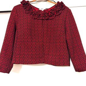 Retro-inspired Danny & Nicole Ruffle Neck Red Black Cropped Jacquard Jacket 12